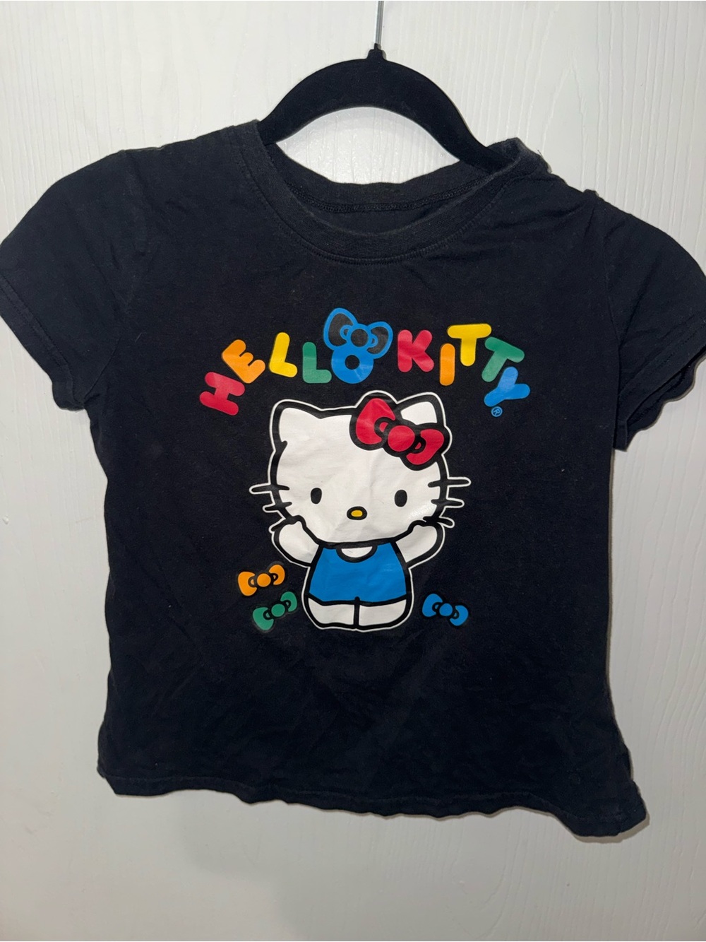 Hello Kitty by Sanrio Girls Size 12 Black Graphic T-Shirt Colorful Bow Tee